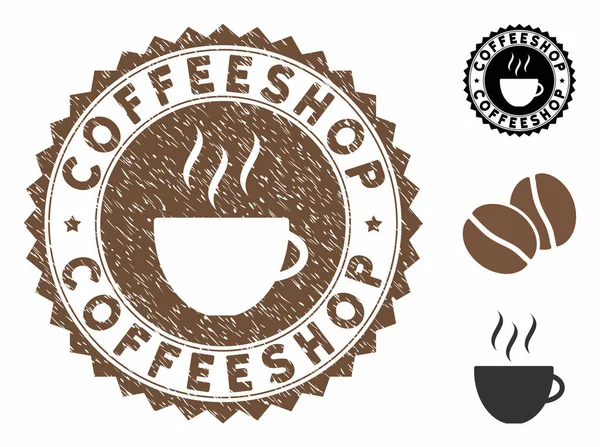 Grunge texturierte Coffeeshop Stempelsiegel mit Kaffeetasse — Stockvektor