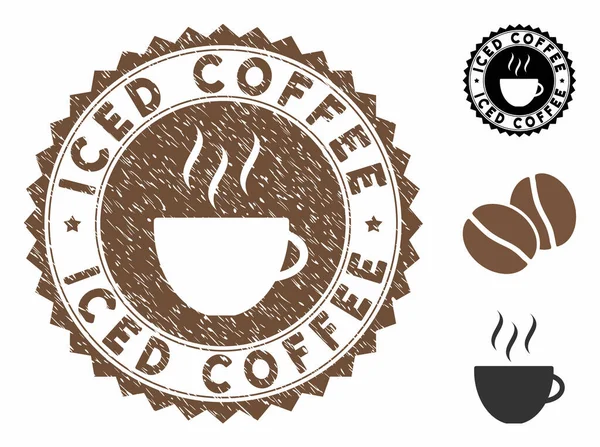 Grunge Textured Iced Coffee Stamp Seal with Coffee Cup — стоковий вектор