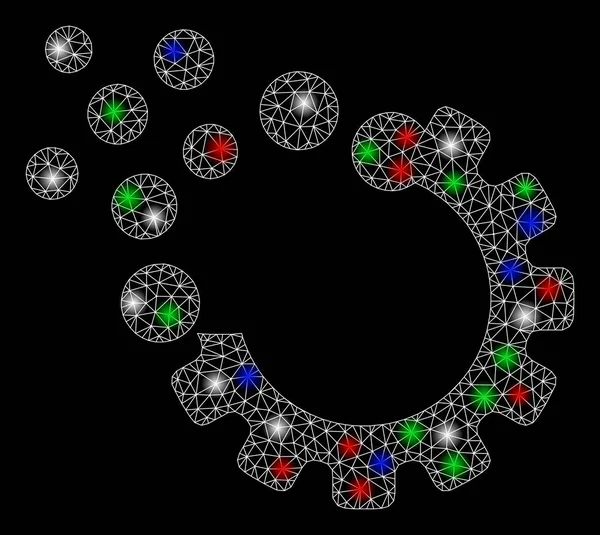 플래시 점 과 함께 밝은 메 쉬 와이어 프레임 기어 파괴 — 스톡 벡터