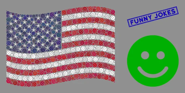 Флаг США Коллаж радостной улыбки и печатных смешных шуток — стоковый вектор