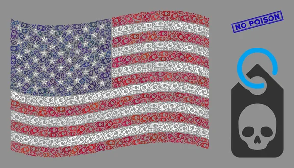 Birleşik Devletler Ölüm Kurukafa Etiketi Mozaiği ve Zehirsiz Çizilmiş Damga — Stok Vektör