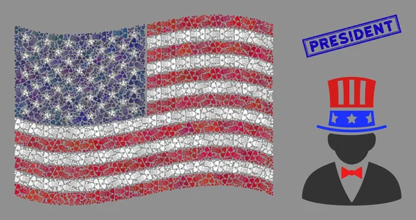 Bandera de Estados Unidos Composición Estilizada del Tío Sam Americano y Sello del Presidente Grunge — Archivo Imágenes Vectoriales