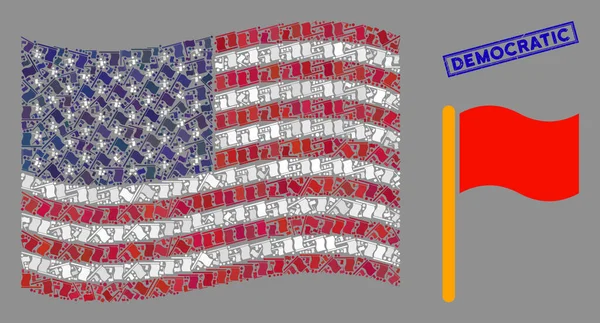 USA Flag Stylization of Waving Flag and Scratched Democratic Stamp — Stock vektor