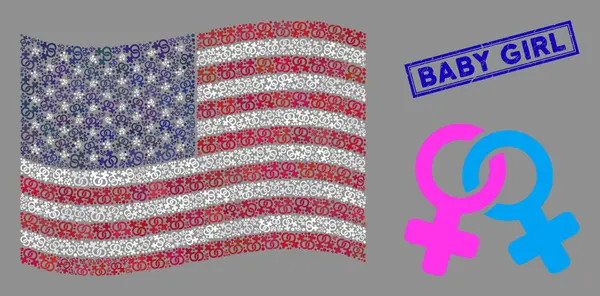 EE.UU. Bandera Mosaico de Lesbianas Símbolo y Grunge Baby Girl Seal — Archivo Imágenes Vectoriales