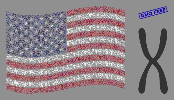 Флаг США Коллаж хромосом и гранж ГМО бесплатная печать — стоковый вектор