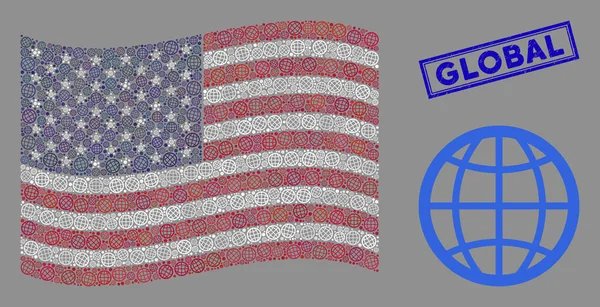 Drapeau des États-Unis Stylisation du sceau global Globe and Grunge — Image vectorielle