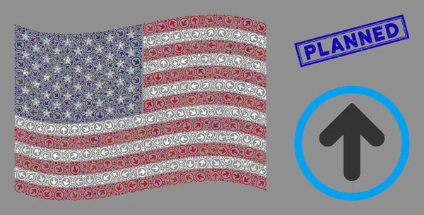 Стилизация круглой стрелы и гранж-плановой марки американского флага — стоковый вектор