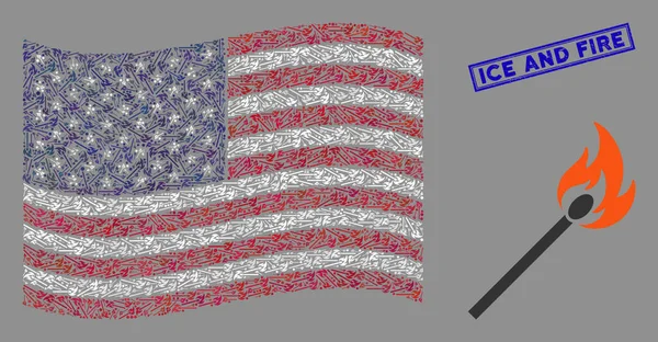 American Flag Collage of Match Fire and Scratched Ice and Fire Stamp — Stok Vektör