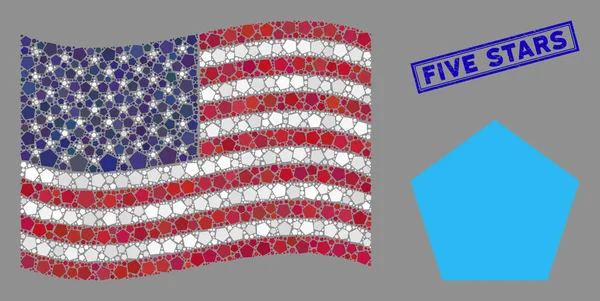 Мозаика флага США заполненного Пентагона и гранж-пятизвездочной марки — стоковый вектор