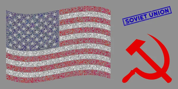 Stati Uniti Bandiera Mosaico di Falce e Martello e Grunge Unione Sovietica Sigillo — Vettoriale Stock