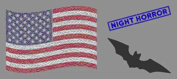 Förenta staternas flagga Mosaik of Halloween Bat and Distress Night Horror Stamp — Stock vektor