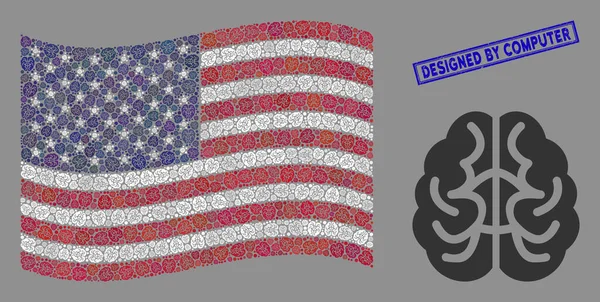Стилизация мозга и царапин флагом США, разработанный компьютерной печатью — стоковый вектор