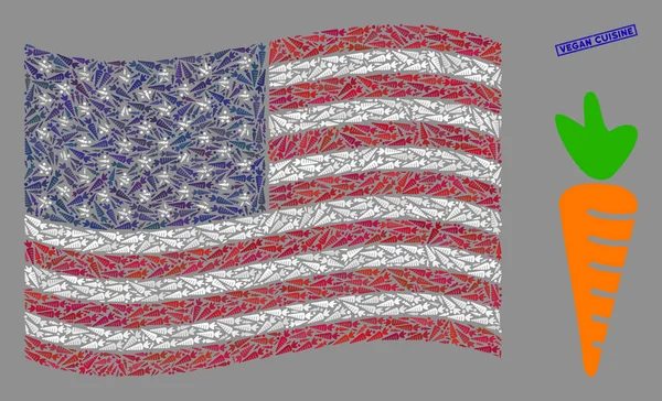 USA Flag Mosaic of Carrot and Distress Vegan Cuisine Seal — Stock Vector