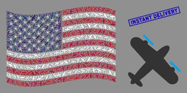 Bandera de Estados Unidos Composición estilizada de Hélice Aviones y Sello de Entrega Instantánea Rasguñado — Archivo Imágenes Vectoriales