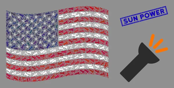 Elektrikli Meşale Işığı ve Tırmalanmış Güneş Gücü Mührü Amerikan Bayrağı Mozaiği — Stok Vektör