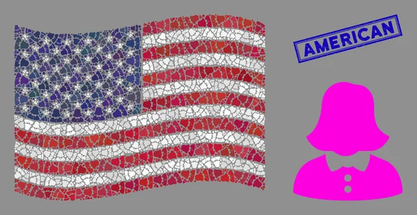 American Flag Stylized Composition of Woman and Scratched American Stamp — Stockvector