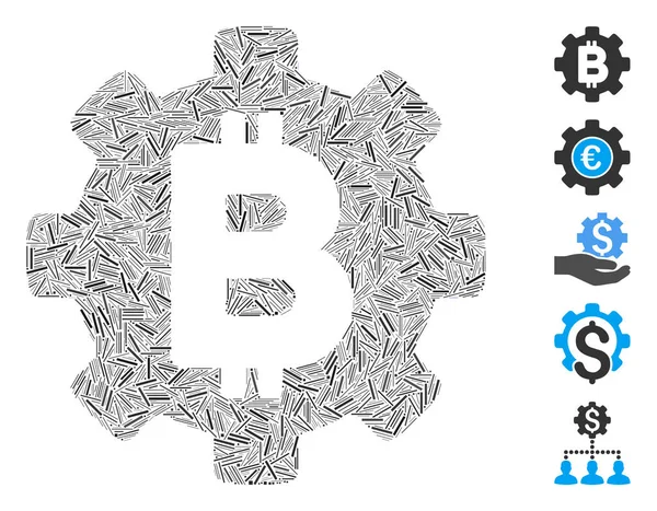 Hatch Collage Ícone de engrenagem de desenvolvimento Bitcoin —  Vetores de Stock