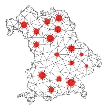 Koronavirüs merkezli çokgen Bavyera haritası. Soyut ağ çizgileri, üçgenler ve virüsler Bavyera 'nın haritasını oluşturur. Vektör kablosu 2B çokgen ağ siyah ve kırmızı renklerde.