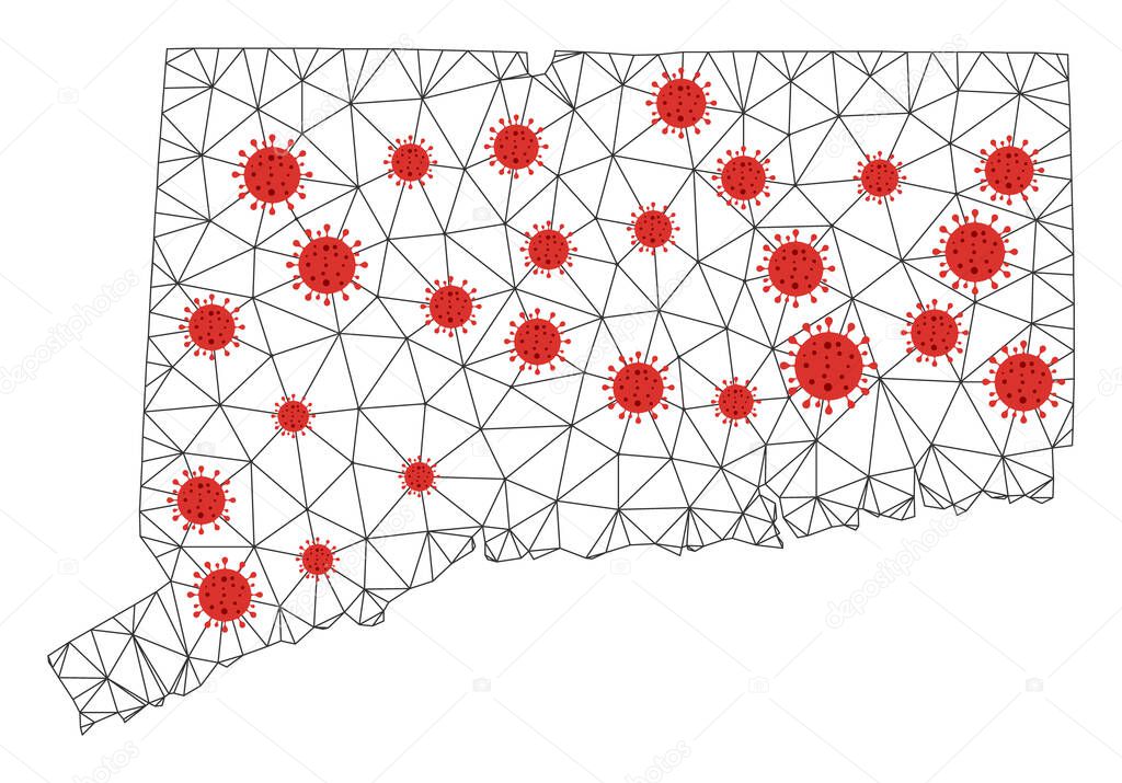 Polygonal mesh Connecticut State map with coronavirus centers. Abstract network lines, triangles and covid viruses form Connecticut State map.