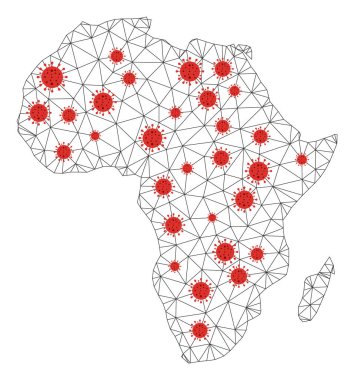 Koronavirüs merkezli çokgen Afrika haritası. Soyut ağ çizgileri, üçgenler ve covid virüsler Afrika haritasını oluşturur. Vektör kablosu 2B çokgen ağ siyah ve kırmızı renklerde.