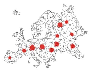 Coronavirus merkezli çokgen Avrupa haritası. Soyut ağ çizgileri, üçgenler ve covid virüsler Avrupa haritasını oluştururlar. Siyah ve kırmızı renklerde düz çokgen ağ vektör kablosu.