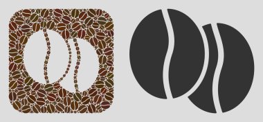 Kahve çekirdekli mozaik kahve çekirdekleri ve temel ikon. Hole mozaik kahve çekirdekleri kahve çekirdekleri ile oluşur. Kahvenin duvar kağıtları için düz vektör tasarımı ögeleri.