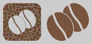 Kahve çekirdekleri ve temel ikondan mozaik kahve çekirdekleri. Stencil mozaik kahve çekirdekleri kahve çekirdekleri ile tasarlanmıştır. Kafeterya reklamları için soyut vektör tasarım ögeleri.