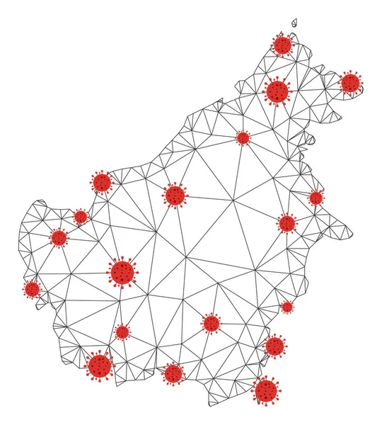 Carte polygonale du vecteur de maille 2D de l'île Bornéo avec coronavirus — Image vectorielle