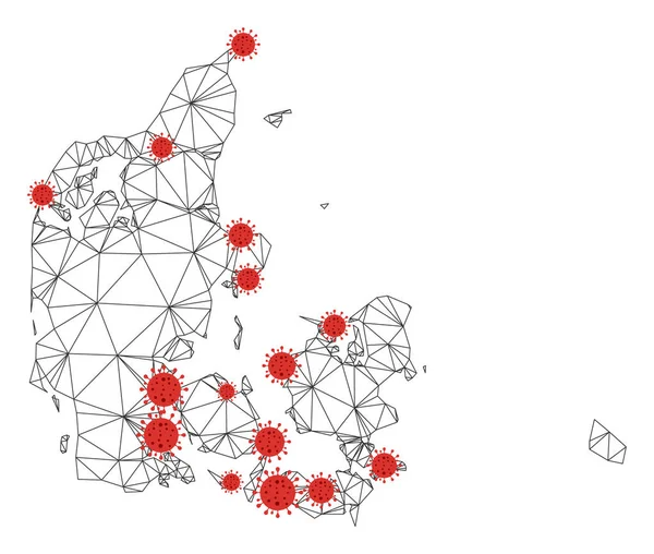 带Coronavirus的多边形Carcass Mesh向量丹麦地图 — 图库矢量图片