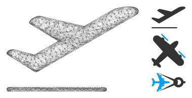 Ağ düzlemi çokgen ağ ikonu vektör illüstrasyonundan ayrılıyor. Leş maketi uçak kalkış düz simgesine dayanır. Üçgen ağ soyut uçak kalkışı düz model oluşturur.