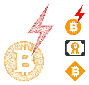 Örgü Bitcoin yıldırımı çokgen ağ ikonu çizimi. Model, Bitcoin yıldırımının düz ikonuna dayanıyor. Üçgen örgüsü soyut Bitcoin yıldırımı düz model oluşturur.