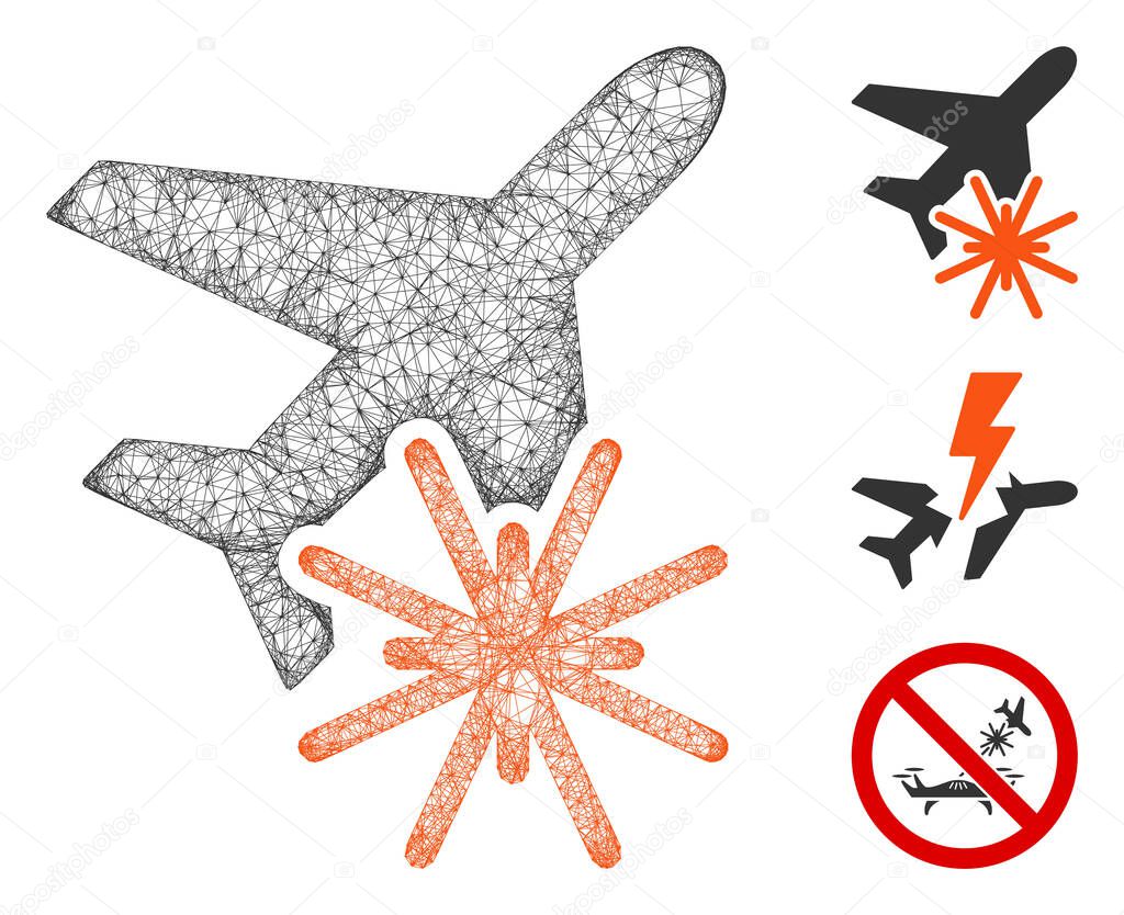 Mesh aiplane explosion polygonal web icon vector illustration. Abstraction is based on aiplane explosion flat icon. Triangle network forms abstract aiplane explosion flat model.