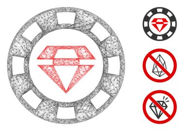 Izgara yakut kumarhane çipi çokgen ağ ikonu vektör çizimi. Carcass modeli yakut kumarhane çipinin düz simgesine dayanır. Üçgen ağ, soyut yakut kumarhane çipi düz modelini oluşturuyor..