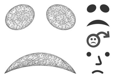 Üzücü bir duygu, gülen çokgen ağ ikonu vektör çizimi. Carcass modeli hüzünlü duygusal gülen düz simgeden yaratılmıştır. Üçgen ağ, soyut, hüzünlü, duygusal, düz model oluşturur..