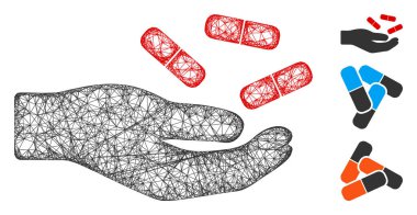 Çokgen ağ ikonu illüstrasyonu hapları ile ağ eli. Leş modeli, elinde haplar olan düz bir ikona dayanıyor. Üçgen ağı, hapların düz gövdesiyle soyut bir el oluşturur..