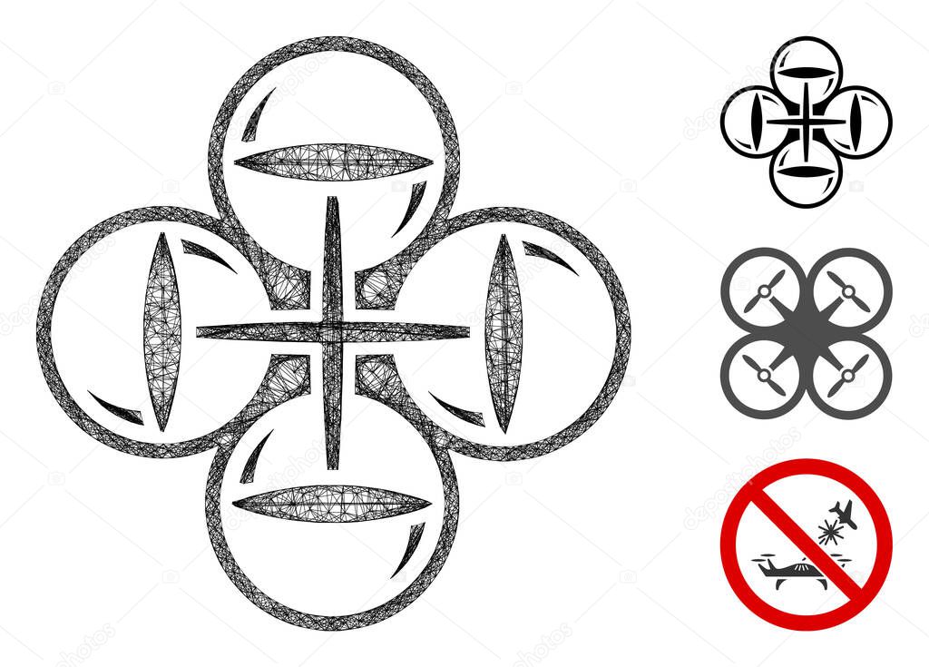 Mesh quadcopter flight polygonal web icon vector illustration. Carcass model is created from quadcopter flight flat icon. Triangular mesh forms abstract quadcopter flight flat carcass.