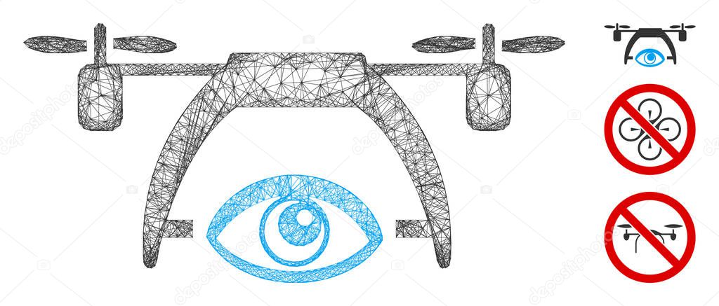 Mesh video spy drone polygonal web icon vector illustration. Carcass model is based on video spy drone flat icon. Triangle mesh forms abstract video spy drone flat carcass.