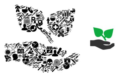 Sıhhiye Sembollerinin Flora Bakım Eli Kolajı