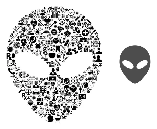 Collage Alien Face mit Medizin-Symbolen — Stockvektor