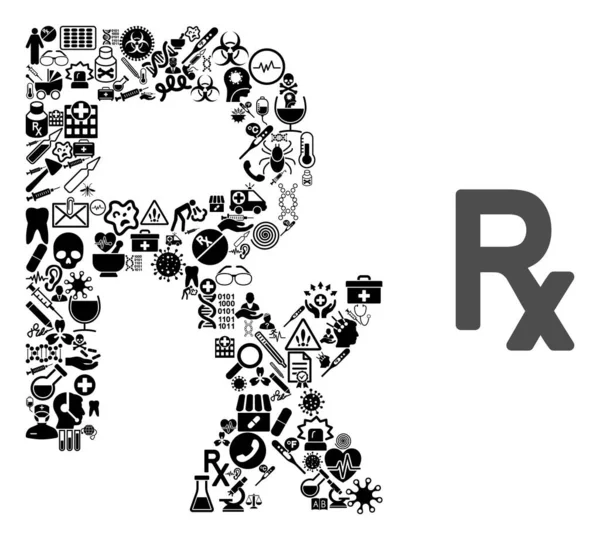 Symbol kolażu Rx z ikonami opieki zdrowotnej — Wektor stockowy