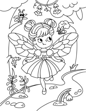 Kanatlı peri ağaçların arkasında ormanda yürüyor. Siyah ve beyaz ana hatlı vektör çizimi. Vektör illüstrasyonu