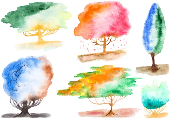 Watercolor hand painted tree shape elements. Isolated on white.