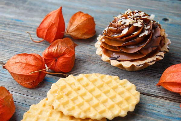 Sweet waffle, cake with cream and physalis  on a  wooden backgr — Stock Photo, Image