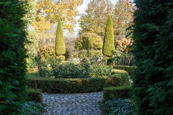 Cottage garden with topiary and trimmed bushes. 