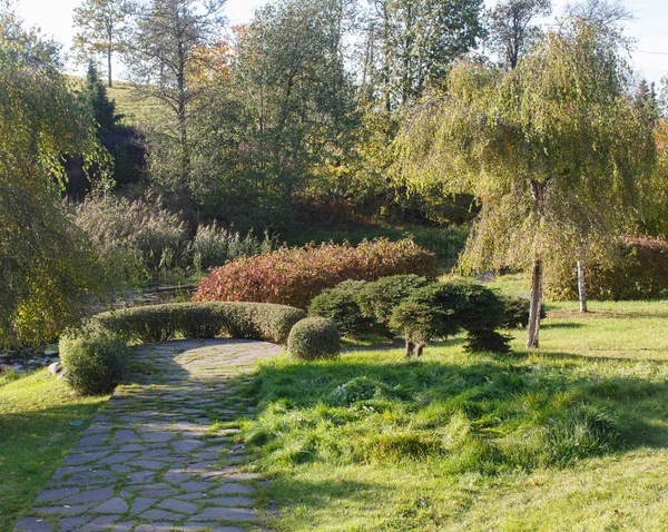 Stugträdgård med Topiary och trimmade buskar. — Stockfoto