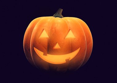 Cadılar Bayramı Balkabağı jack o fener resimde siyah arka plan üzerine mutlu ifade ile