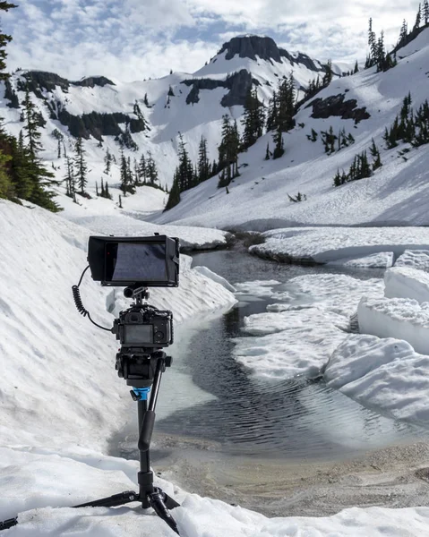 Professional Video Setup Capturing Amazing Snow Melting Nature Footage Tall — Stock Photo, Image