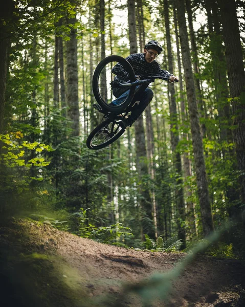 Művészeti Mountain Bike Jump Air keretezett erdő lombozat — Stock Fotó