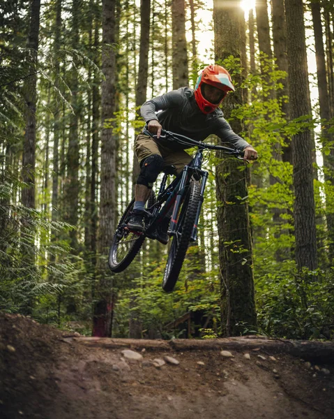 Mountain Bike Dirt Jump Action Shot Mid Air con foresta Backgrou Foto Stock