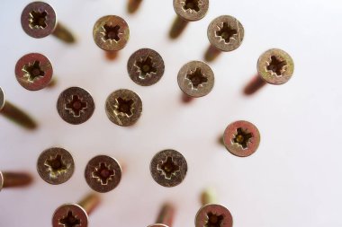 Beyaz bir yüzeye vidalanmış vidalar. Üst manzara. Yüksek kalite fotoğraf